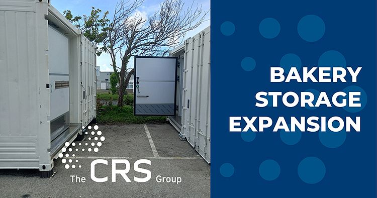External view of cold storage units on the left with the CRS Group logo on the top. On the right, text reads 